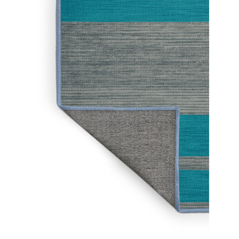 Tapis bleu à rayures horizontales lavable à la machine, Rond 7 pi