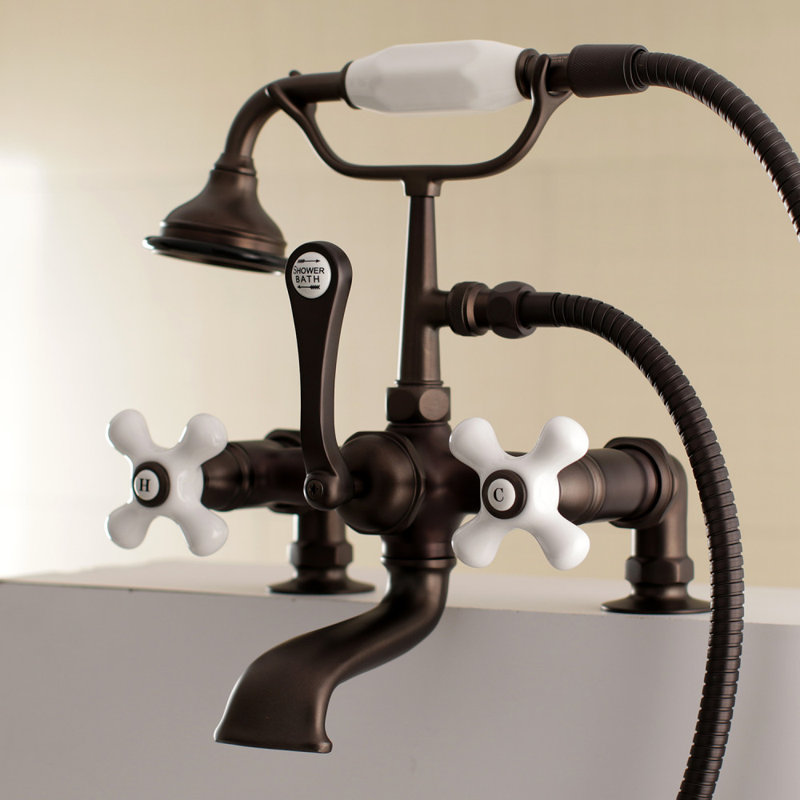 Kingston Brass Aqua Vintage Three-Handle 2-Hole Deck Mount Clawfoot Tub Faucet with Hand Shower, Oil Rubbed Bronze