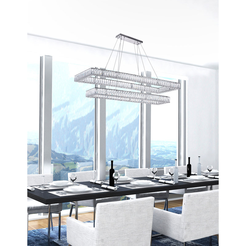 52'' Chrome 2-Tier Rectangular Chandelier for Kitchen Island, Dining Room, or Foyer – Integrated LED Light Fixture