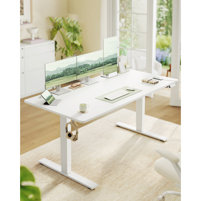 Adjustable Metal Base Standing Desk with Power Outlet, White/White, 160cm W x 80cm D