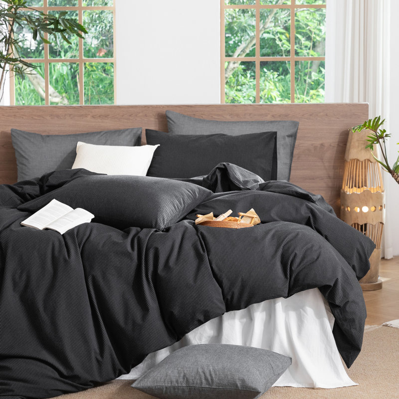 MooMee Striped Duvet Cover Set 100% Washed Cotton Linen Like Textured, King Duvet Cover + 2 King Pillowcases