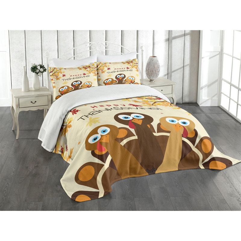 Happy Thanksgiving Multicolor Quilted Queen Bedspread Set