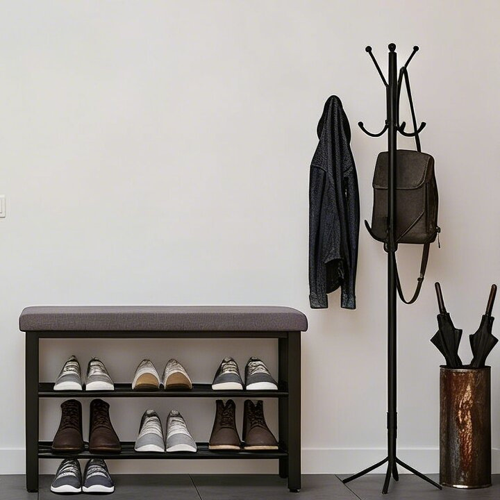Modern Style Small Shoe Bench, 3-Tier Shoe Rack, with PU Seat Cushion And Metal Mesh Shelves, Gray
