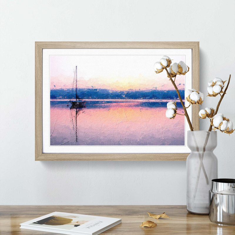 Boat on Lake Zurich in Switzerland in Abstract - Picture Frame Painting Print, 27cm H x 36cm W x 2cm D, Oak Framed