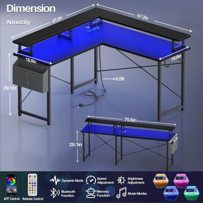 Bureau en L de 47 po avec support pour moniteur Tylena, Noir / Noir