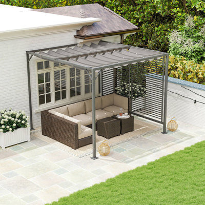 3 x 2.8m Grey Metal Pergola with Retractable 180GSM Polyester Canopy, Adjustable Sun Shade and Drainage Grommets for Outdoor Patio Use