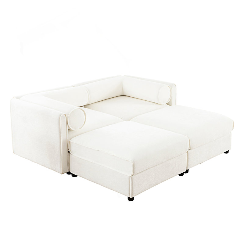 Élégant canapé 2 places avec 2 repose-pieds et siège de rangement, Blanc