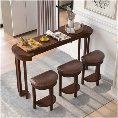 4 Piece Bar Table Set With3 PU Upholstered Bar Stools, Breakfast Table With 3 Padded Stools Solid Wood Counter Height Dining Table Set For Living Room