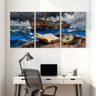 Ensemble de 3 reproductions d'art mural sur toile Nautic Stormy Sea Ship Compass Driftwood Sky
