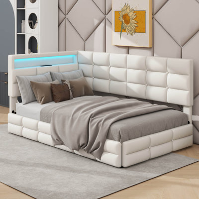 Twin-Sized, Upholstered Daybed With Dual Storage Drawers, Charging Port, LED-Lit Headboard, And Frame
