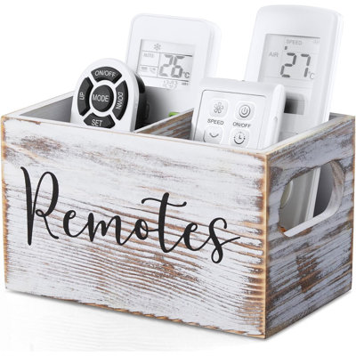 Remote Control Holder, Retro White TV Remote Holder, Remote Organizer Caddy for Table, Wooden Remote Box for Nightstand, Remote Caddy with 2 Slots
