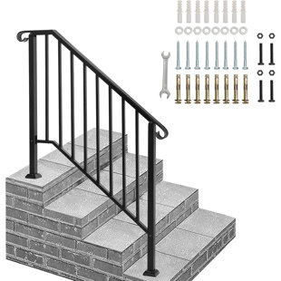 Handrails for Outdoor Steps, Black Wrought Iron Handrail Fits 3 or 4 Steps, Transitional Handrail with Installation Kit, Stair Railing for Concrete Steps or Wooden Stairs