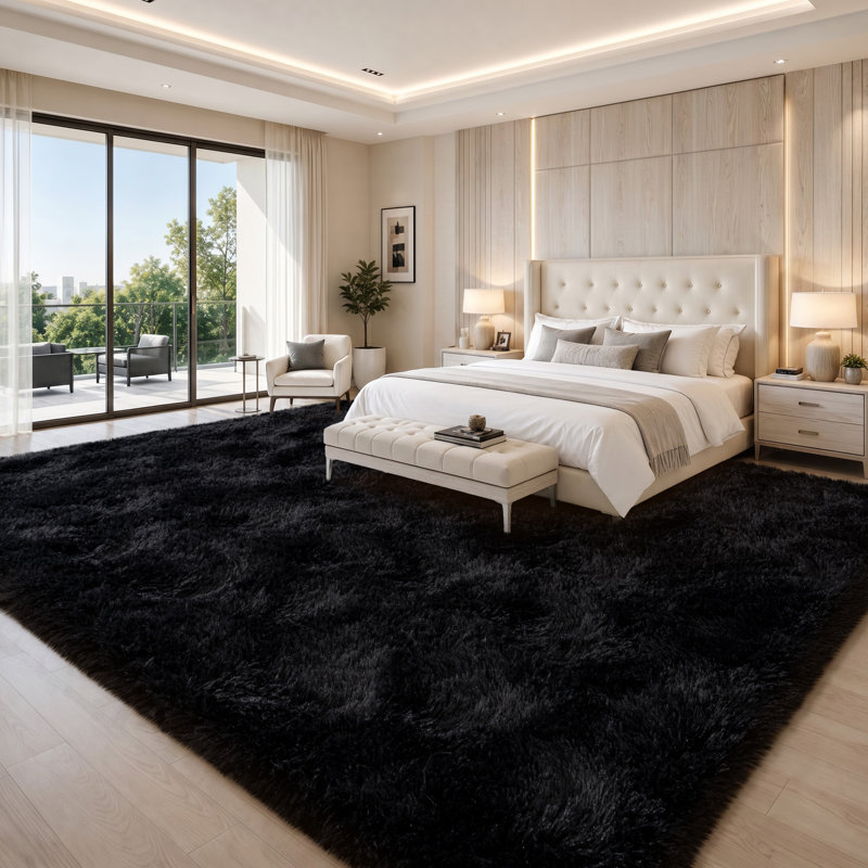 Solid Rug Soft Fluffy Black Indoor Area Rug for Living Room Bedroom Nursery Kids Room, Rectangle 9' x 12', Black