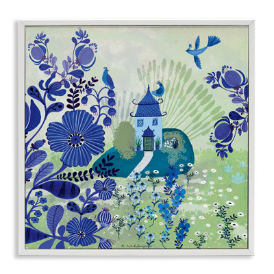 Giclée encadrée de jardin bleu fantaisiste, design par Kay Widdowson