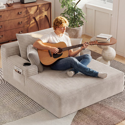 65'' Chaise Lounge Chair Indoor, Oversized Upholstered Sofa Bed with Cup Holders, Sleeper Couch Reading Chairs Fluffy Plush Faux Fur Cloud Sofas Couches Living Room