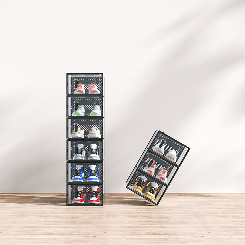 Black Shoe Storage Box Organizers Stackable (Set Of 6)