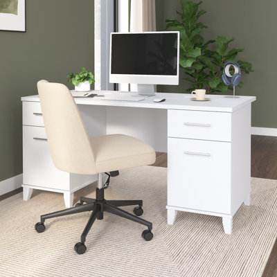 Bureau 60 po avec tiroirs Kaionna, bureau d'ordinateur avec rangement, bois moderne, blanc
