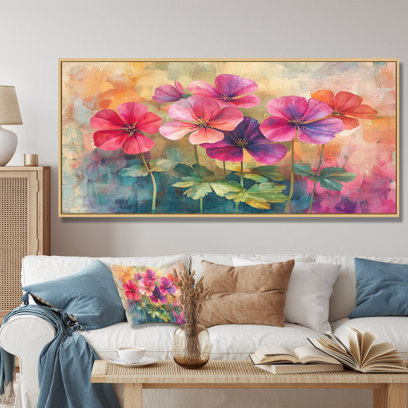 Neon Geranium Fields Pop Art II - Geraniums, art mural sur toile, H 28 po x l 60 po, Cadre flottant, Crème, crème
