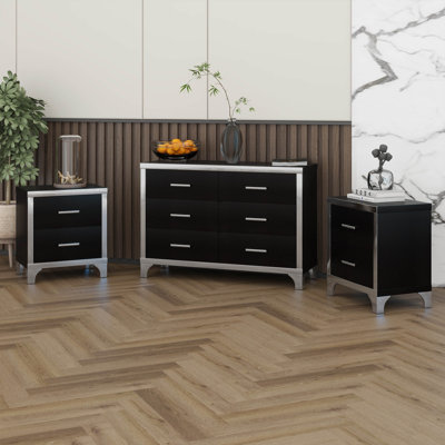 Ensemble 3 pièces, commode et deux tables de chevet avec poignées en métal et décoration de miroir, coffre de rangement en bois ultrabrillant