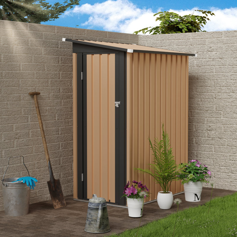 5 X 3 Ft Pent Roof Metal Garden Shed 4.27 2.42 And Side Hinge Door, Galvanized Steel Frame, Corrosion - , Storage For Bicycles Tools, Black + Brown Construction, Place Equipment,