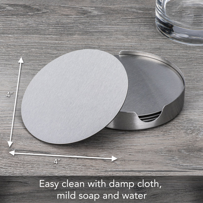 Stainless Steel Round 6-Piece Coaster Set with Holder