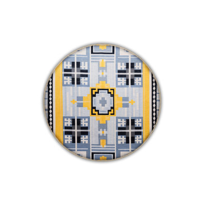 Washable Dido Collection Blue Yellow Motif Geometric Patterned Fringed Vintage Decorative Area Rug