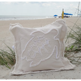 Coastal Frayed Sea Turtle Applique 100% Cotton Throw Pillow