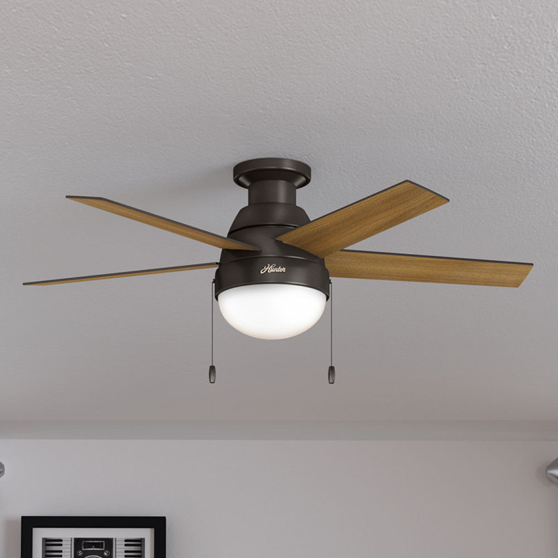 46" Anslee 5 - Blade LED Flush Mount Ceiling Fan with Pull Chain and Light Kit Included, Premier Bronze