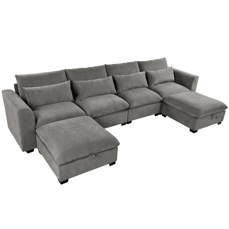 U_Style U-Shaped Freely Transformable Modular Corner Sofa With Two Ottomans, Gray Linen Blend