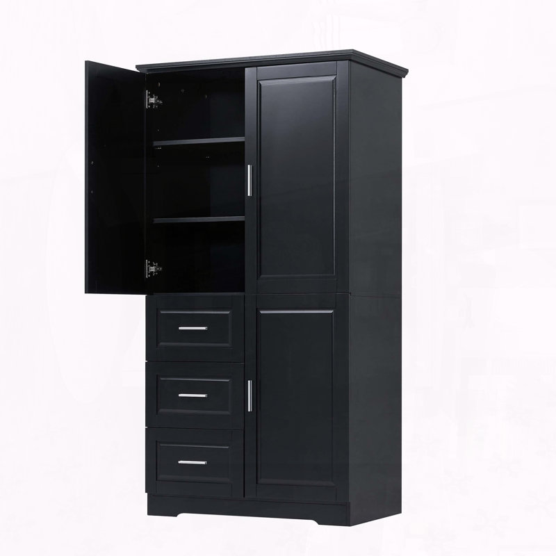Tall and Wide Storage Cabinet with Three Drawers and Three Doors - Black, Black