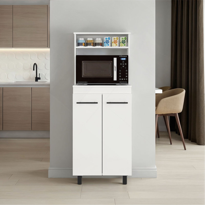 Support pour micro-ondes avec 3 tablettes, 2 portes, 4 pieds et une armoire