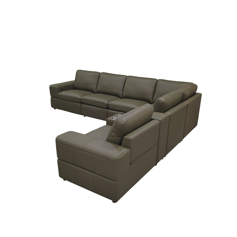 Canapé modulaire en cuir de première qualité avec accoudoirs assortis et deux sièges inclinables, Vert olive