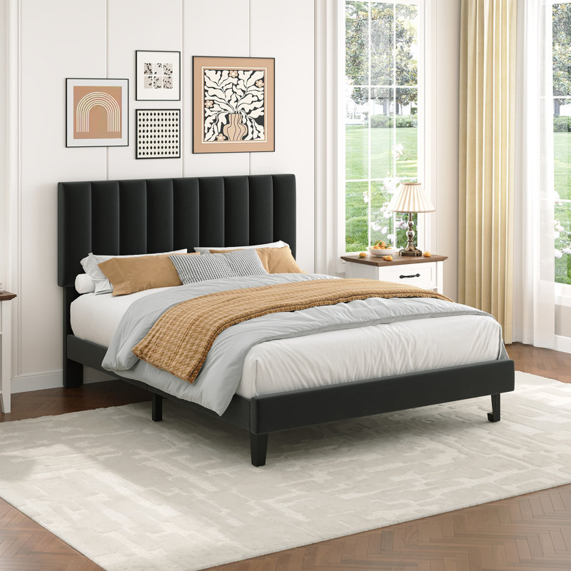 Full Size Black Suede Upholstered Platform Bed Frame with Adjustable Vertical Channel Tufted Headboard, Sturdy Wooden Slats, Noise-Free, No Box Spring Needed, Easy Assembly - Black