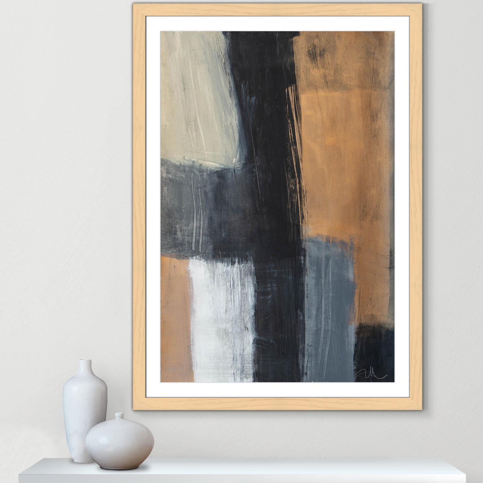 Karl Metallic Slate II Framed On Paper by  Print, Natural Cube Frame Matted, 49" H x 35" W x 1.25" D  