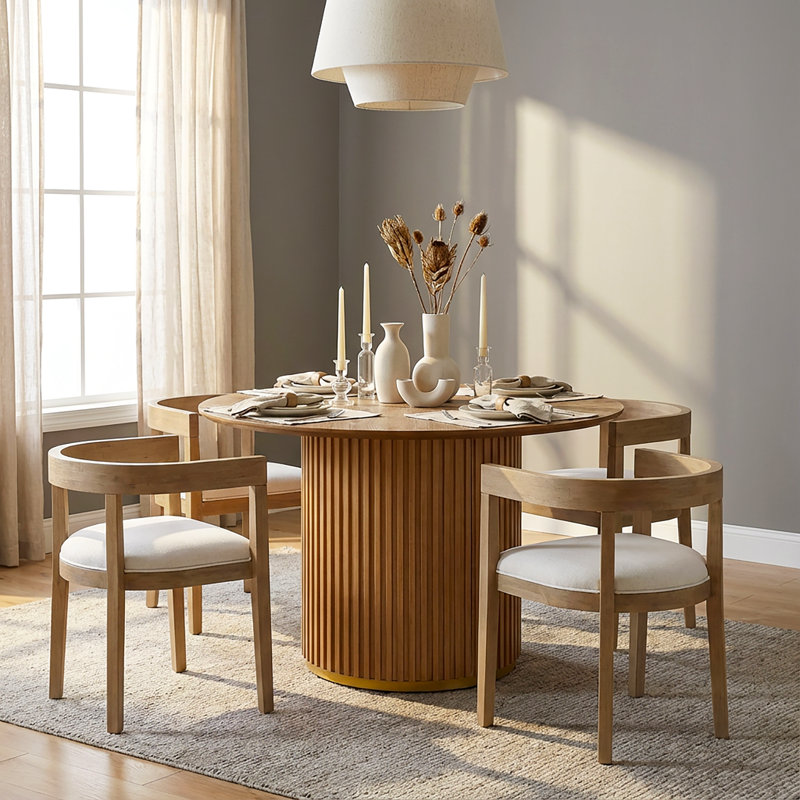 Logan 5-Piece Round Pedestal Dining Table Set With Upholstered Chairs, Light Ash