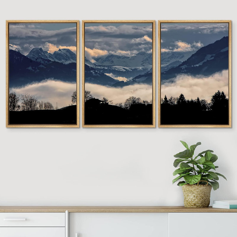 «Nature Landscape Snowy Clouds Mountains», reproduction sur toile 3 pièces, H 24 po x l 16 po x P 1,5 po, Encadré naturel