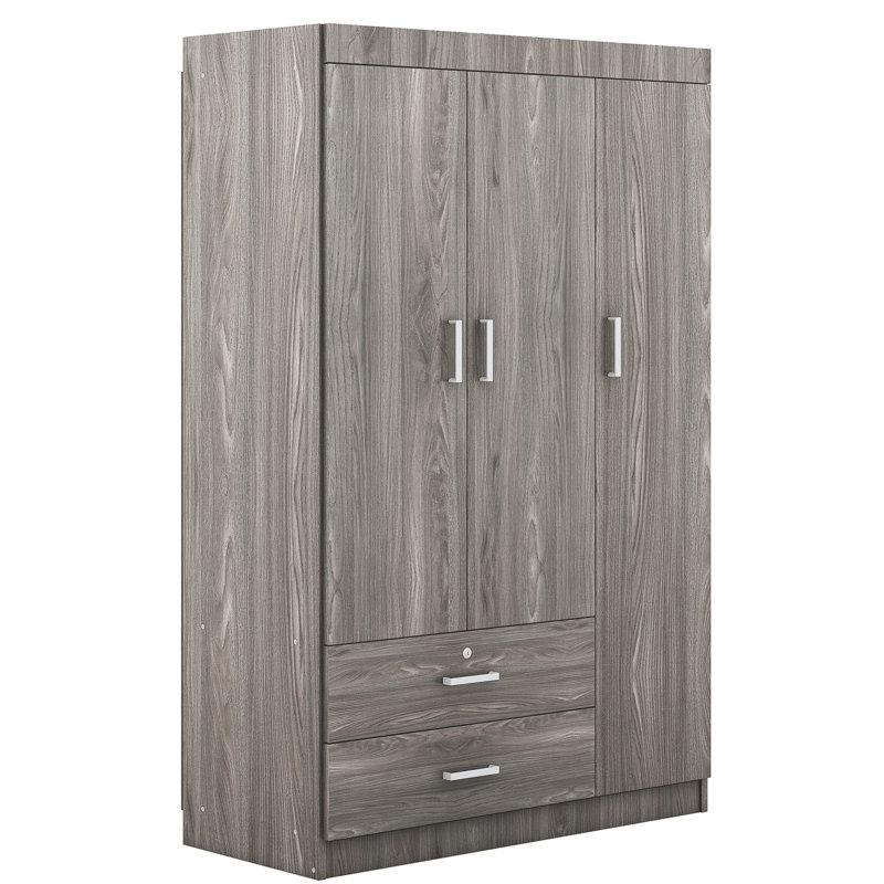 Garde-robe de chambre à 3 portes avec 2 tiroirs, grain de bois gris, décoration moderne et confortable, Gris