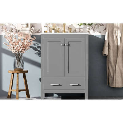 Meuble-lavabo de 24 po de style transitionnel avec beaucoup de rangement, portes à fermeture en douceur et fabrication en bois massif pour la longévité, espace sous l'armoire gris de 24 po, charnières, finition peinte à la main