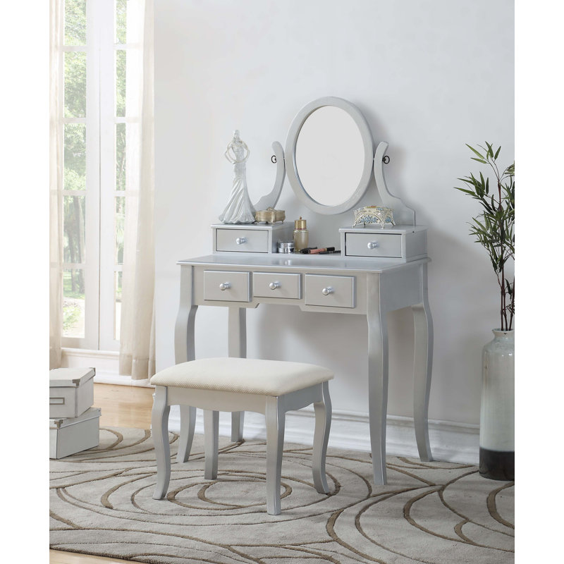 Ashley Wood Make-Up Vanity Table And Stool Set, Silver