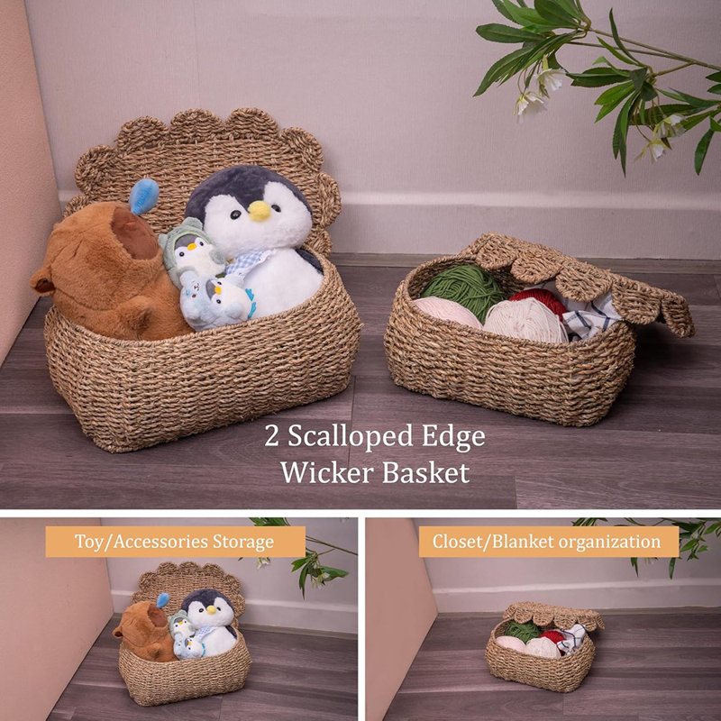 Paniers de rangement en osier ronds à la main avec couvercles, boîtes décoratives en rotin, panier en osier de mer tissé avec couvercles, panier en osier festonné avec couvercle, ensemble de 2