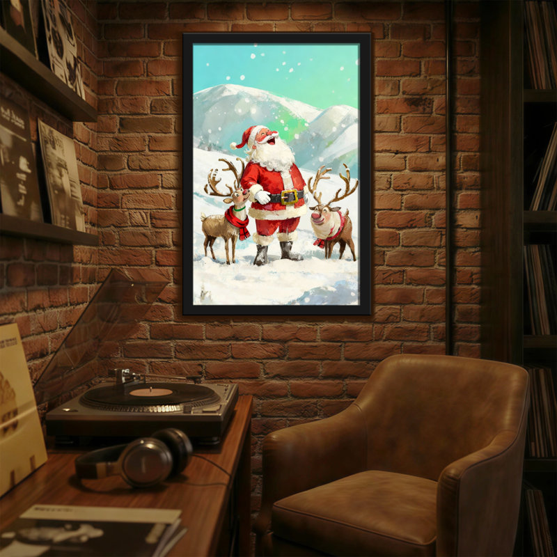 Noël père Noël avec renne dans un paysage enneigé, H 18 po x l 12 po