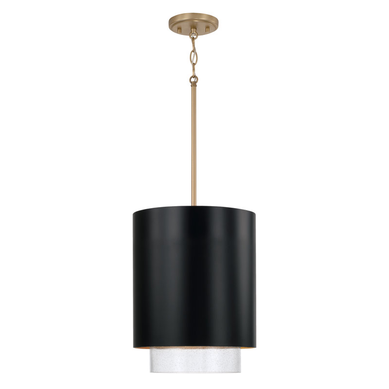 11.50"W x 19.50"H 1-Light Cylindrical Metal Pendant with Seeded Glass, Matte Brass/Black