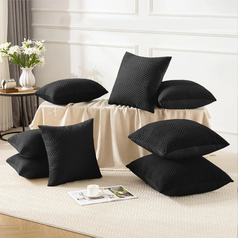 Embossed Quilted Chevron Decorative Cushion Cases - Set of 4 Modern Couch & Bed Décor Velvet Throw Pillow Covers , Black