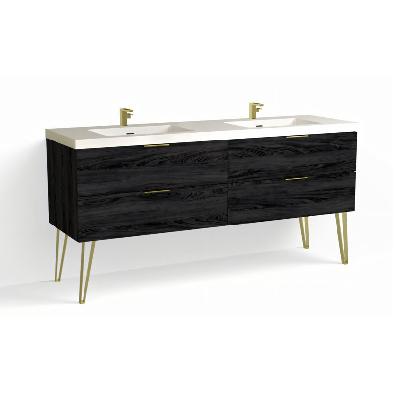 Avila 72" W Freestanding Double Bathroom Vanity with Dawson Leg , Gloss White/Single, Charred, Satin Brass