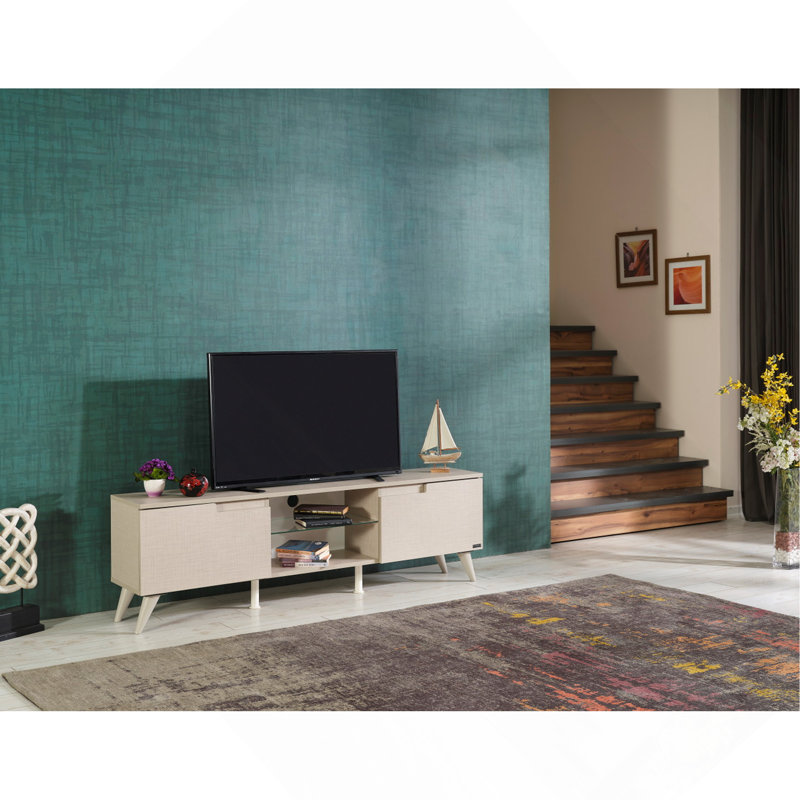 Meuble télé en bois massif pour téléviseur de 75 po ou moins Nikhad, Beige