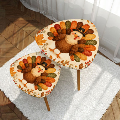 Ensemble de 2 tables basses gigognes triangulaires modernes, motif chapeau de dinde joyeux et feuilles d'automne colorées, style pèlerin, style milieu du siècle, petites tables d'appoint pour salon, chambre, appartement, décoration intérieure