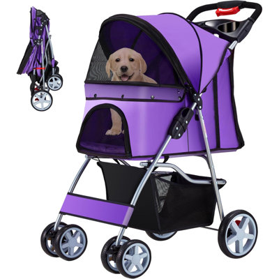 Pet Stroller, 4 Wheels Pet Strolling Cart For  Dogs And Cats, Foldable Cat Jogger/Dog Stroller With Cup Holder, Storage Basket, Breathable Mesh, All-Season Pet Carrier