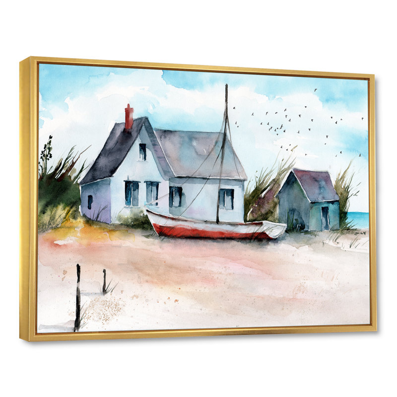Maison et bateau sur une plage - Peinture sur toile, H 34 po x l 44 po, Toile à cadre flottant doré