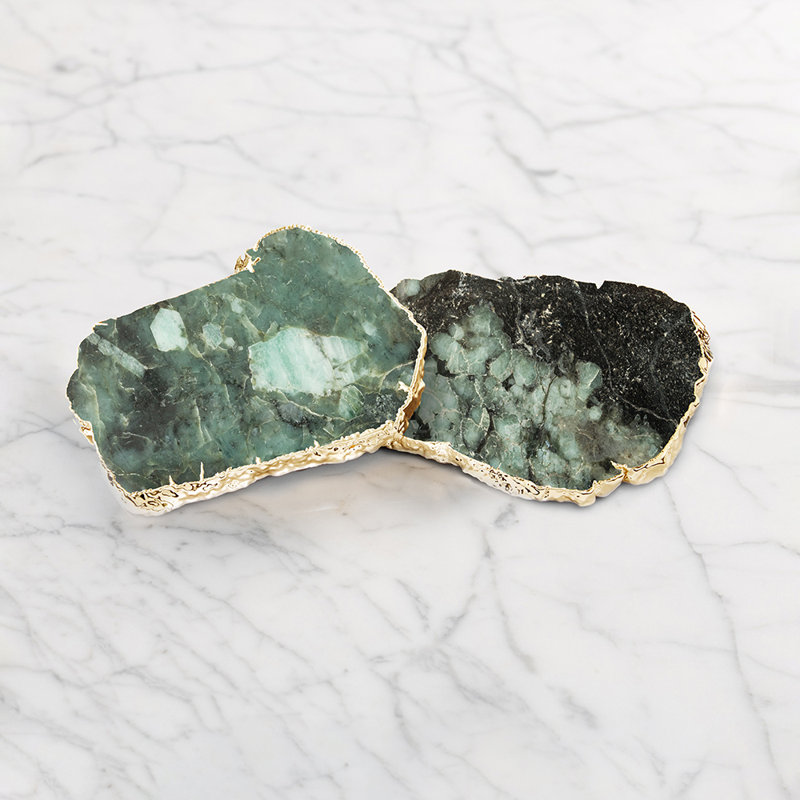 Emerald Green and Gold-Plated Gemstone Coasters Set