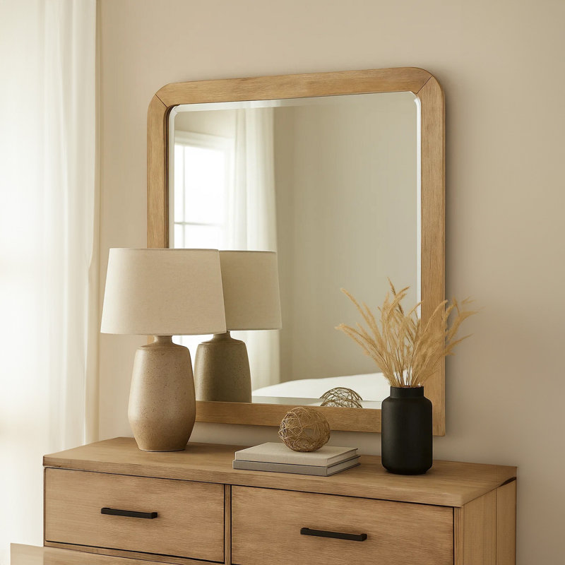 Miroir de commode Rexa, verre biseauté, bois massif brun naturel, 36 x 42